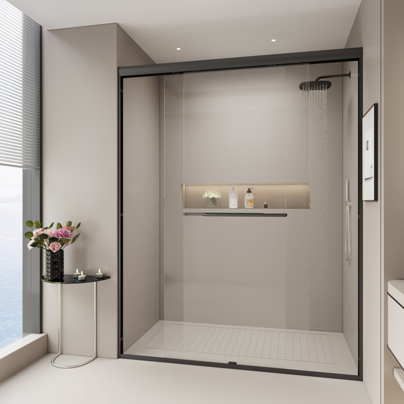 Double Sliding Shower Door, Semi-Frameless Bathroom Sliding Door For Bathroom, Matte Black