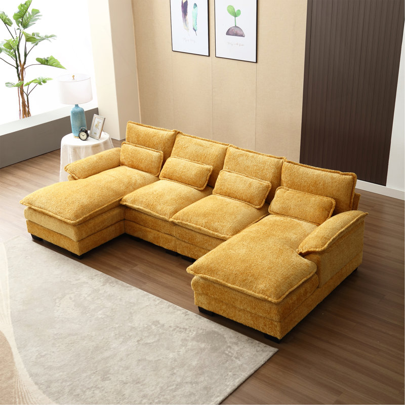Modern Large Chenille Fabric U-Shape Sectional Sofa, Mustard Yellow Boucle