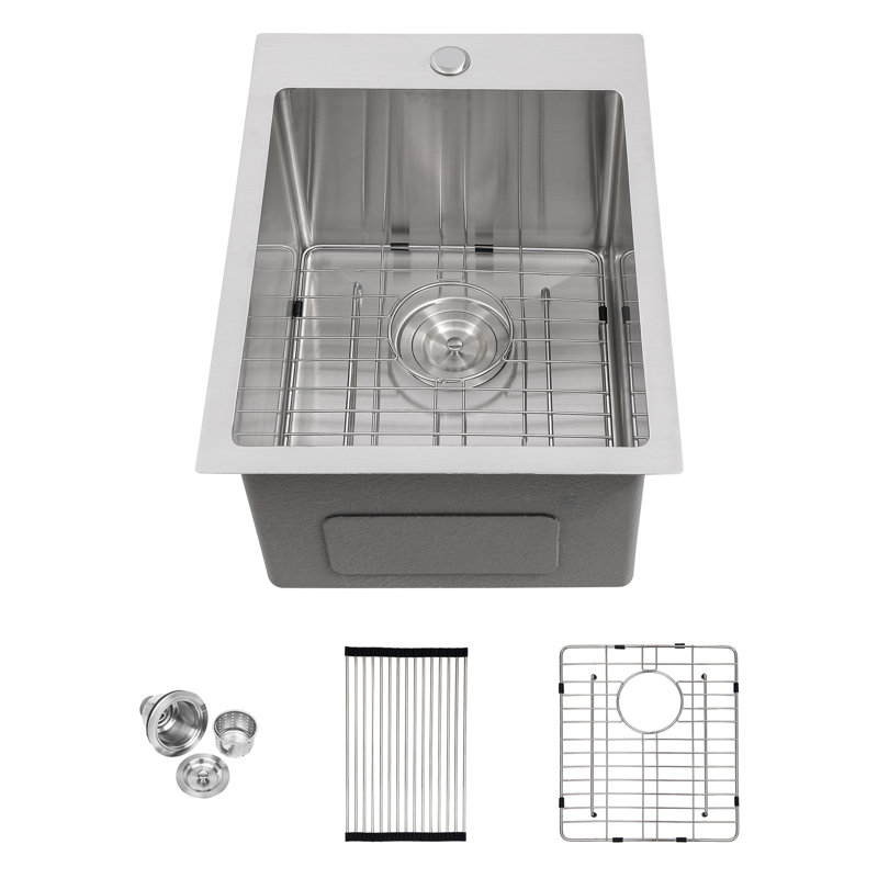 Évier de cuisine en acier inoxydable, encastrable par le dessus, 15 x 20 x 10 po, calibre 16, bol simple | Idée de cadeau