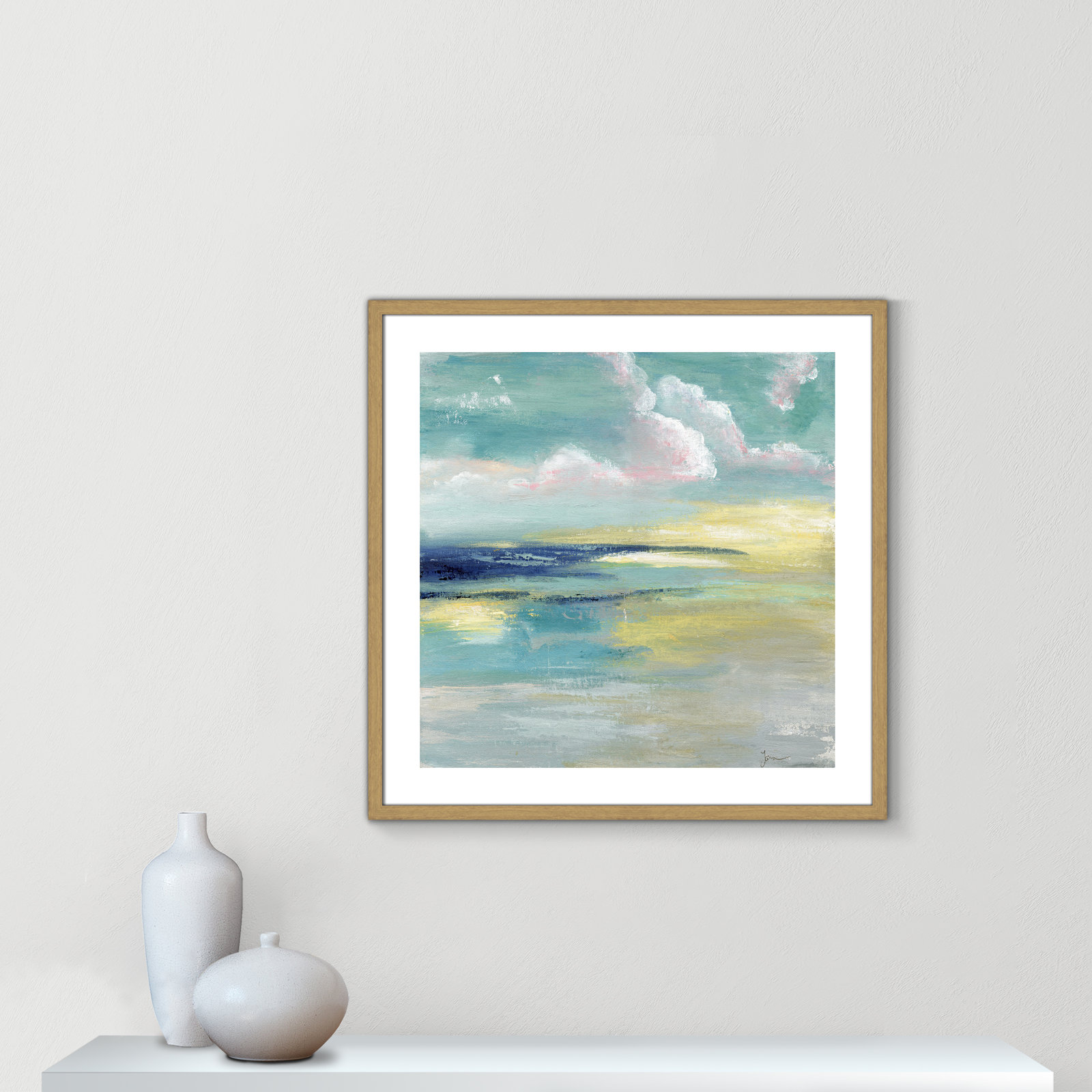 Bertie "Ocean View" Painting by Tava Studios, 28.75" H x 28.75" W x 0.75" D, Beige Wood Framed Paper
