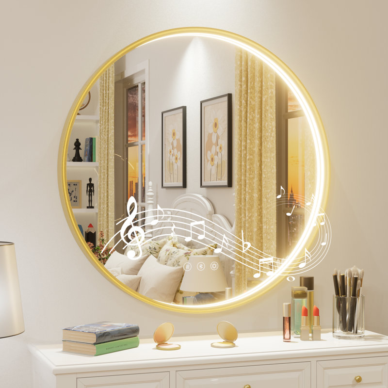 Miroir de salle de bain Bluetooth Bluetooth, 36 po x 36 po, Or brossé