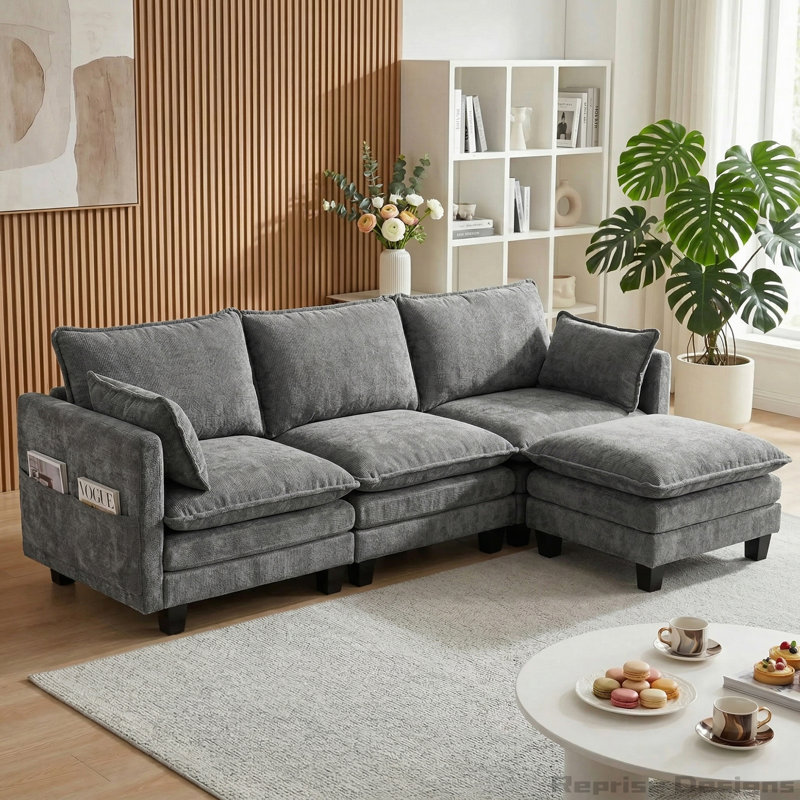 Causeuse moderne en chenille avec ports USB et poches latérales, 107.87, DARK GREY Chenille