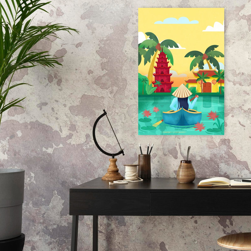 Art contemporain, paisible, serein, paisible, palmier, lotus, forêt, art, H 24 po x l 16 po