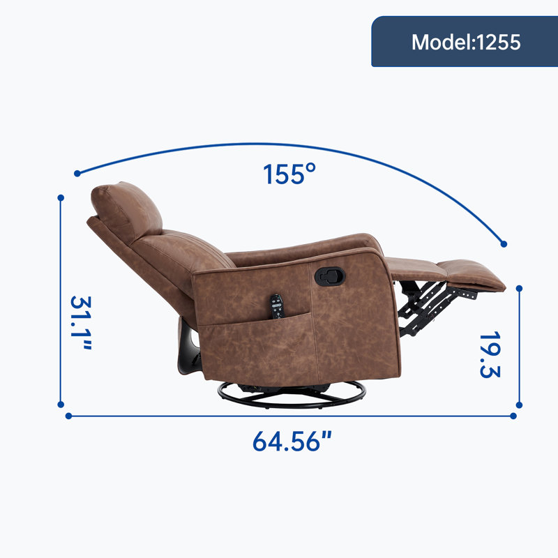 Heat Massage Manual Recliner Chair With Rocker And Swivel In Faux Leather For Living Room, Brown