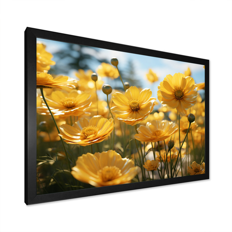Yellow Buttercups Field Vibrant I - Floral Wall Art Prints, H 16 po x l 32 po x P 1 po, Noir