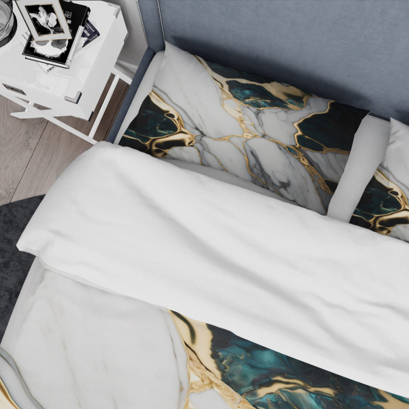 King Size Gold and Green Marble Microfiber Duvet Cover Set