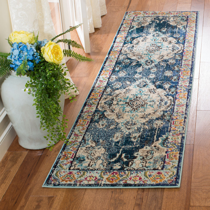 Almyra Oriental Area Rug, Runner 2'2" x 18', Navy/Light Blue
