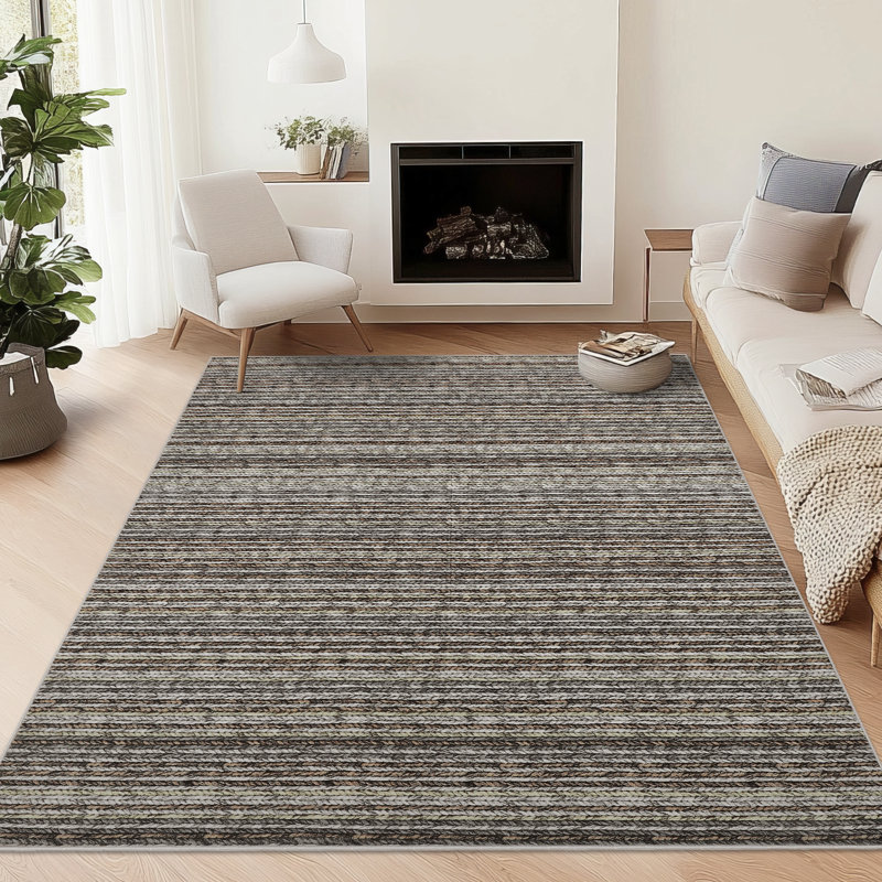 Tapis rectangulaire gris doux antidérapant de 9 pi x 12 pi avec lignes rayées pour l'intérieur, Gris, Rectangle 9 pi x 12 pi