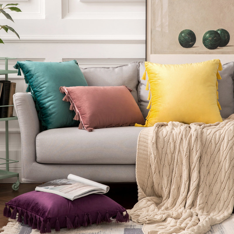 Square Velvet Tassle Cushion, 18''H x 18''W x 1"D, Polyester, Pink