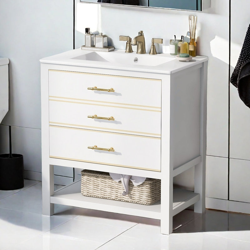 Armoire de meuble-lavabo moderne 30 pouces bleu marine / blanc avec deux tiroirs ouverts, Blanc