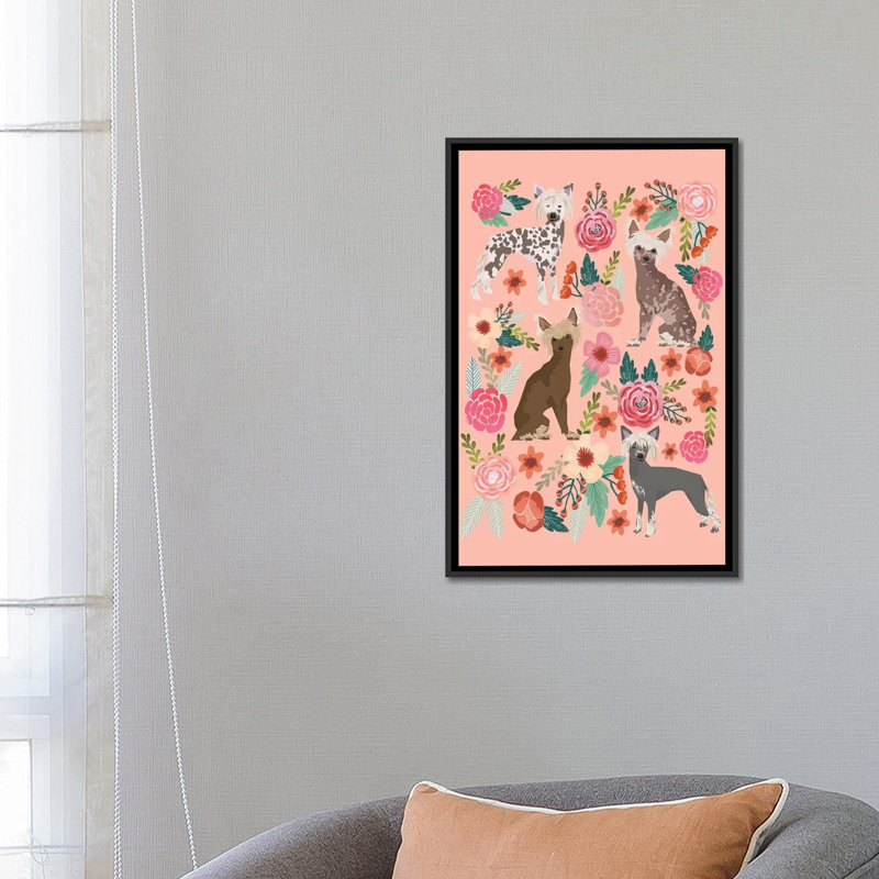 Collage de fleurs de forme chinoise avec toile tendue, H 26 po x l 18 po x P 1,5 po, Toile avec cadre noir, Pas de tapis