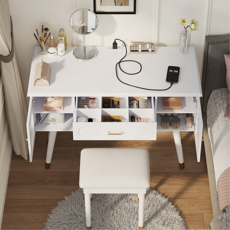 Elegant Vanity Makeup Table Chair Set, Modern Dressing Table With Organizer, Writing Desk, Charging Port, White, White