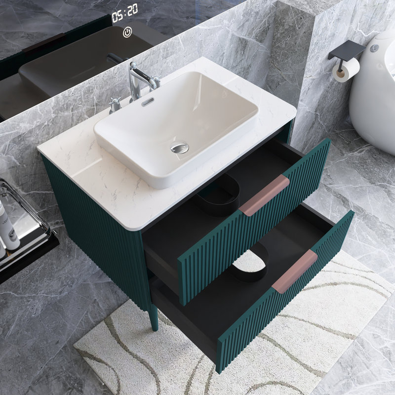 Meuble-lavabo autoportant 30 po à rayures moderne pré-assemblé avec lavabo en céramique
