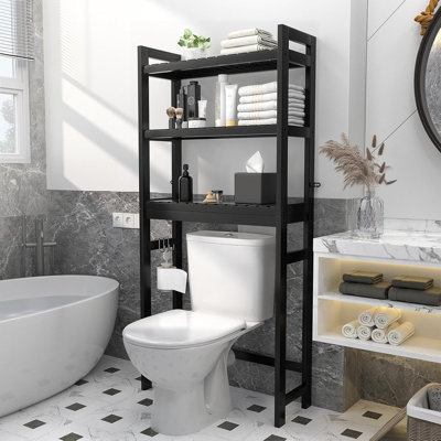 Three-Tier Black Bamboo Toilet Storage Rack With 3 Hooks, Freestanding Design, Suitable For Small Spaces, Rust-Proof, And Easy To Assemble.