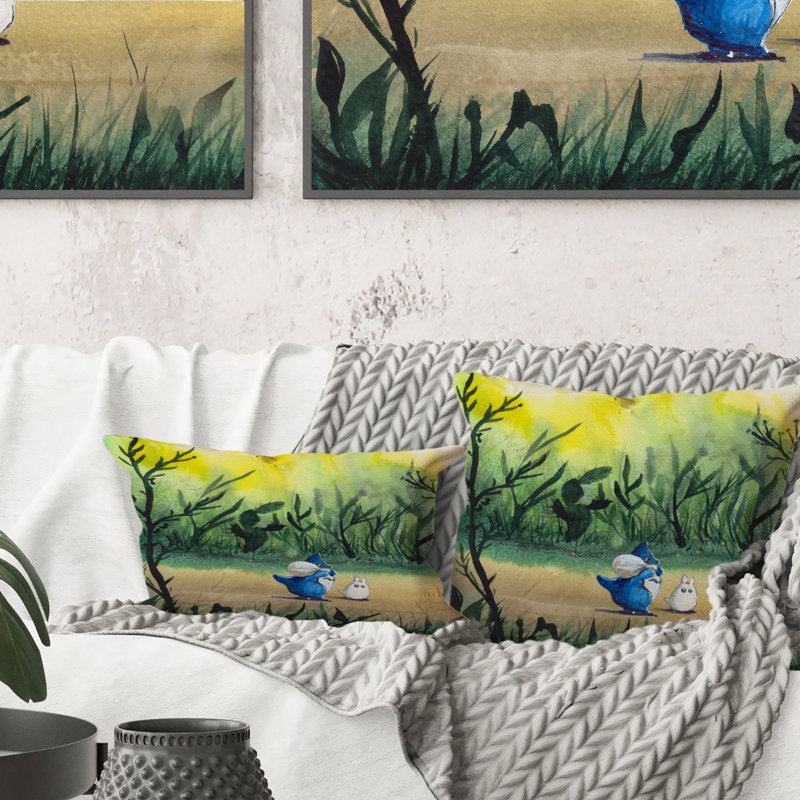 Personnages de dessins animés en forêt - Coussin décoratif à imprimé traditionnel, 16 po x 16 po