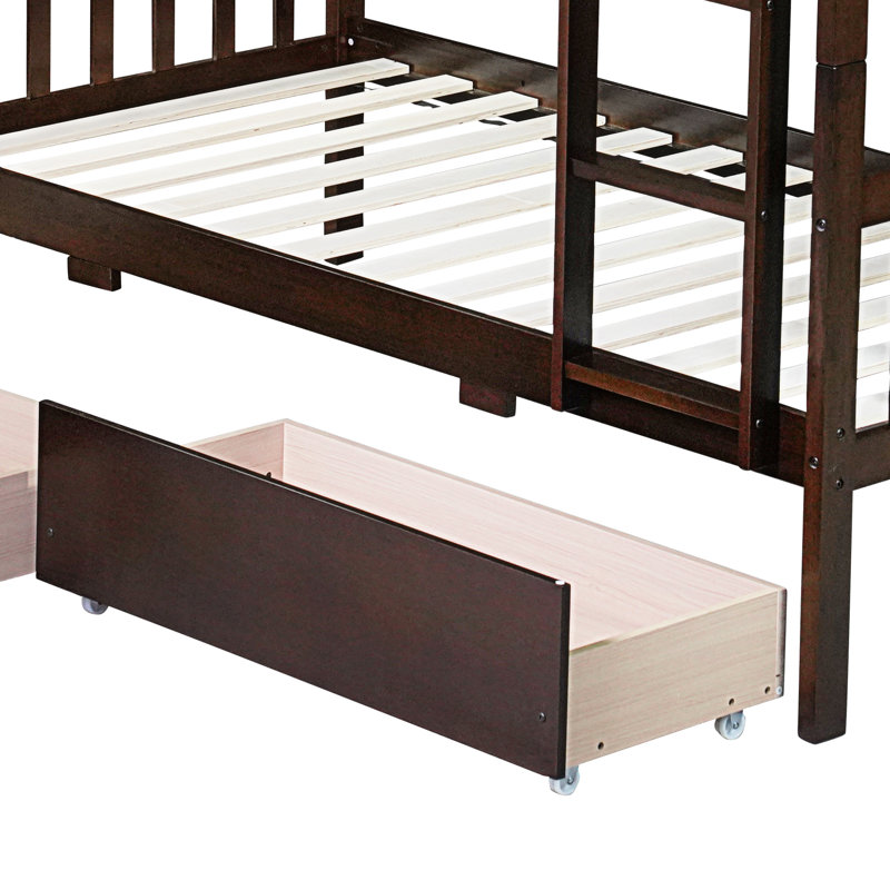Lit superposé simple au-dessus de simple en bois massif avec tiroirs, Espresso
