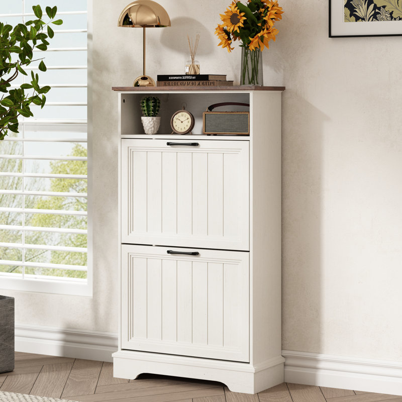 Armoire à chaussures avec 2 tiroirs rabattables, Blanc / brun
