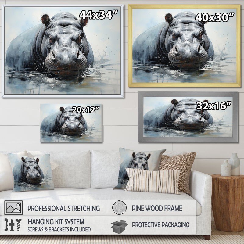 Minimalisme gris hippopotame sur toile, Cadre doré simple, H 34 po x l 44 po x P 1,5 po