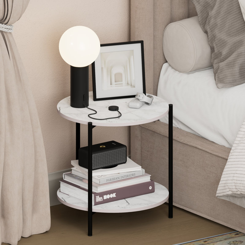 Furinno BESI Night Stand, 2-Tier Wide Round Nightstand with Metal Legs, Metal Frame End Table, Bedside Table, Side Table with Open Shelf, for Living Room, Bedroom, Marble White