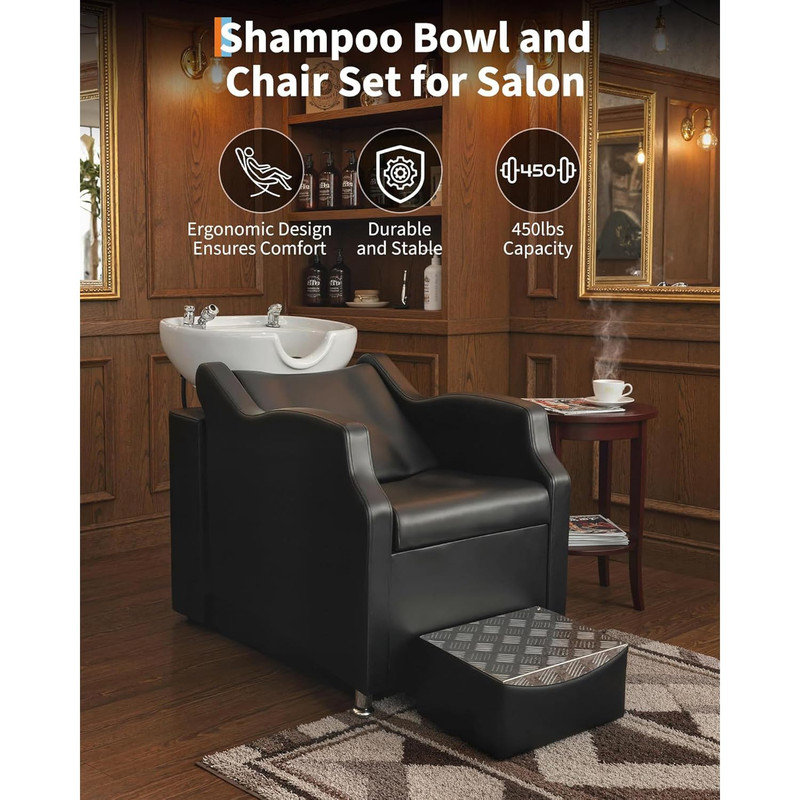 Combo chaise de shampooing et bol Salon - capacité de 450 lb, cuve en ABS profond, similicuir, plomberie double, repose-pieds, assemblage facile