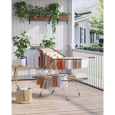 Clothes Drying Rack, Foldable 2-Level Laundry Drying Rack with Height-Adjustable Wings, for Clothing & Bedding, Free-Standing Space-Saving Rack, Indoor & Outdoor, 55.5" L × 22.8" W, Gray