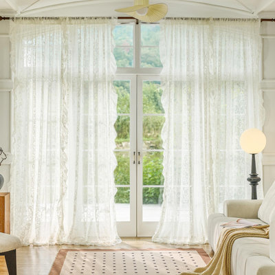 Rideaux à volants 2 panneaux - Rideaux diaphanes en dentelle florale rétro en tulle de 84 po de longueur, décor chic et décontracté, rideaux à volants avec passe-tringle pour le salon, 59 x 84 po, ivoire