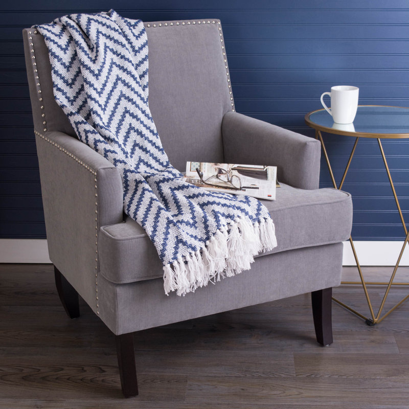 Nautical Blue Chevron Cotton Throw Blanket with Fringe