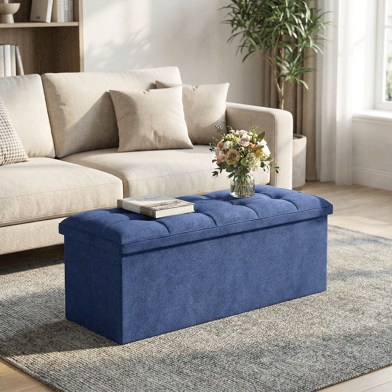 43" Folding Ottoman With Storage, Cotton-Linen Storage Bench, Modern Footstool For Living Room, Bedroom Entryway