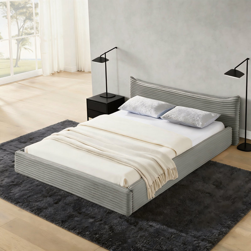 Velvet Upholstered Queen Platform Bed Frame with Curved Headboard, Solid Wood, No Box Spring Needed, Grey, Dark Grey