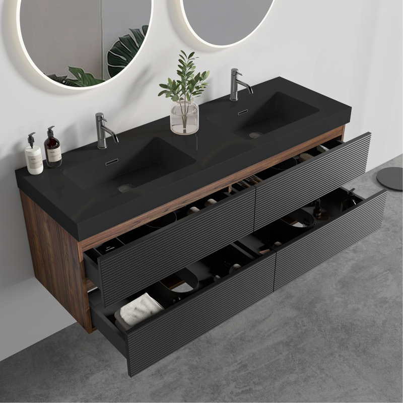 Grace 60" Walnut Bathroom Vanity With Matt Black Engineered Quartz Sink And Soft Black Drawers, Wall Mounted Floating Bathroom Vanity For Modern Bathroom, Without Drainage And Faucet, Pre-Assembled