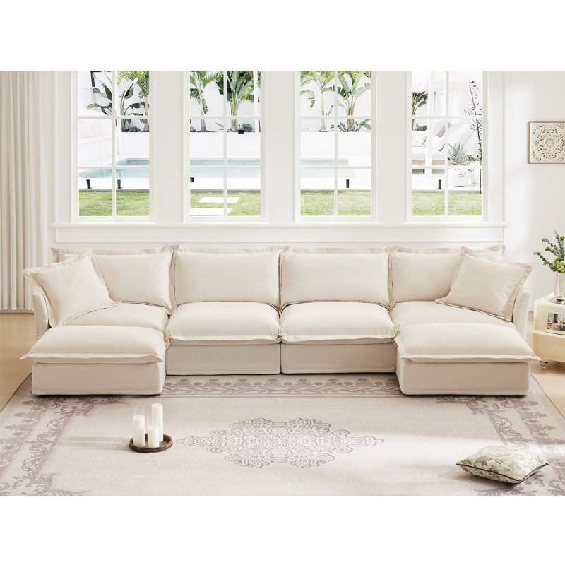 Slipcovered U Shape Sectional Wide and Deep Seat Sofa Couch, 4 Seater Sofa with French Edges Design Multiple Big Pillows, Soft Deep Seat Comfy Cloud Couch for Living Room, Apartment