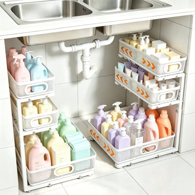 Bathroom Kitchen Under Sink Storage Rack, 3 Tier Adjustable Pull Out Organizer with Sliding Drawers, Metal 2 Pack Cabinet Shelf