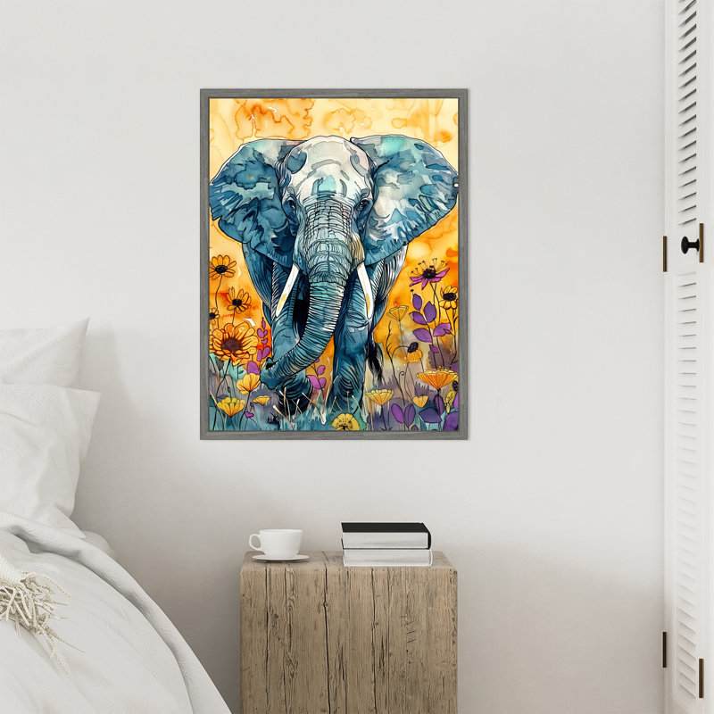 «Elephant in Flowers» par Ilora, reproduction d'art sur toile encadrée, H 30 po x l 23 po