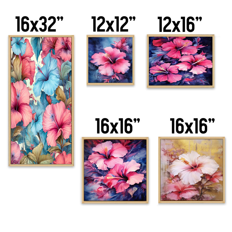 Ensemble de 5 décorations murales tropicales Hibiscus, Cadre flottant brun
