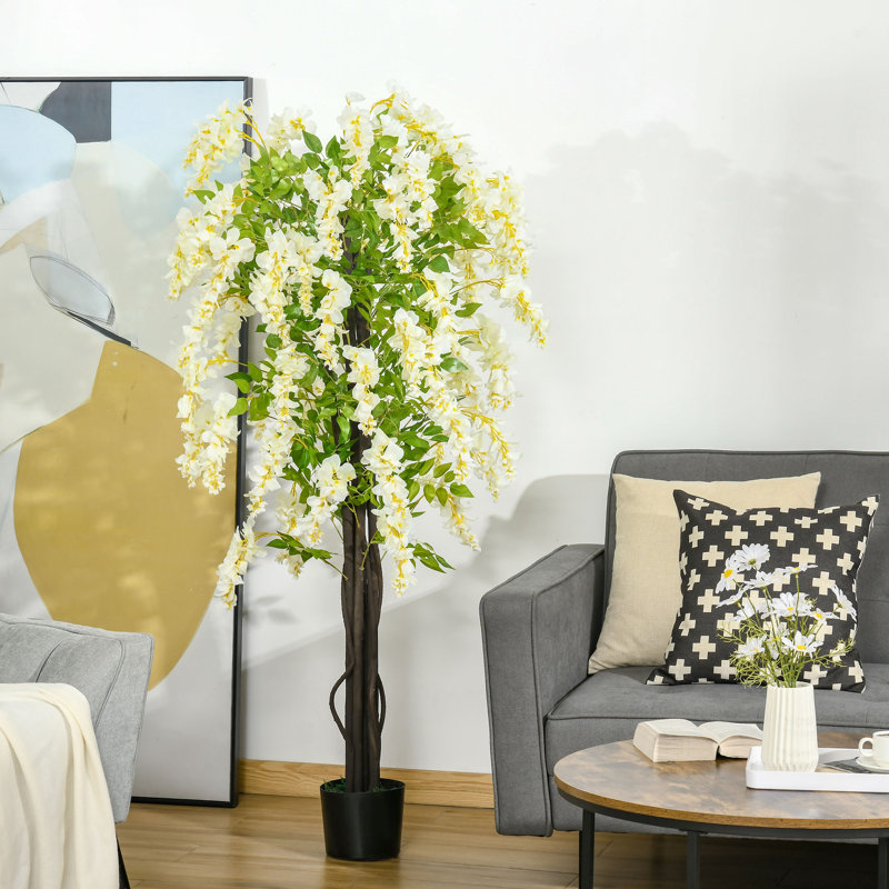 HOMCOM Artificial Plant White Wisteria Tree Faux Plant for Indoor Decor