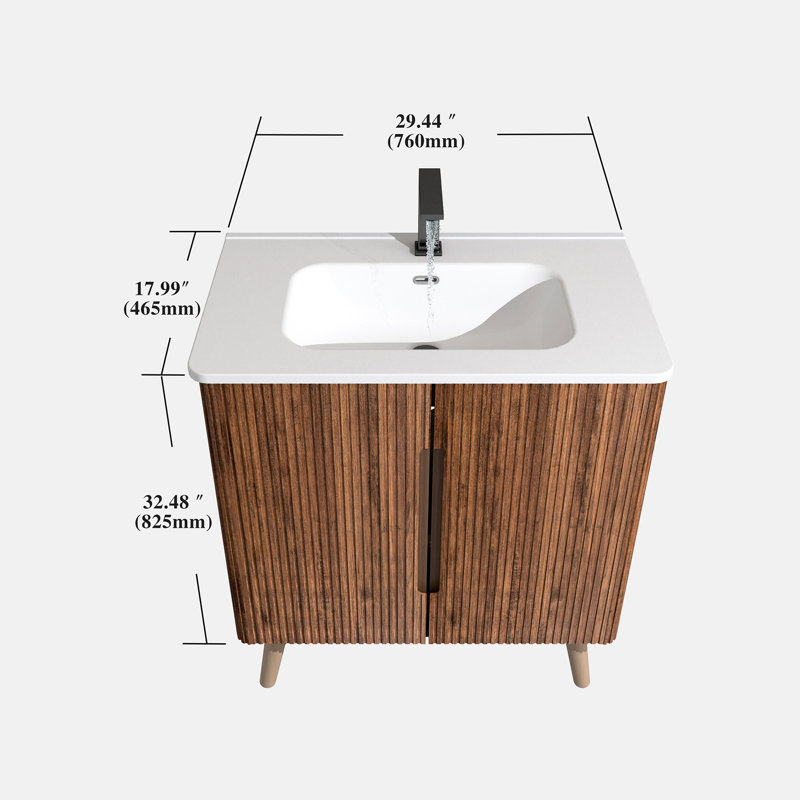 Armoire de salle de bain 30 po - Texture noyer rayé, bords arrondis modernes, tablettes réglables, grand rangement, avec lavabo, meuble-lavabo mural autoportant et moderne noyer, bords,