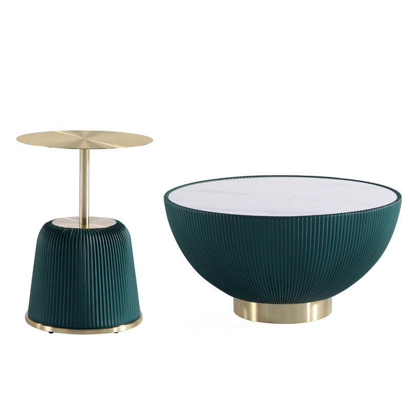 Ensemble de table de salon moderne 2 pièces avec base en acier inoxydable recouvert de cuir végétalien Anderson, Vert