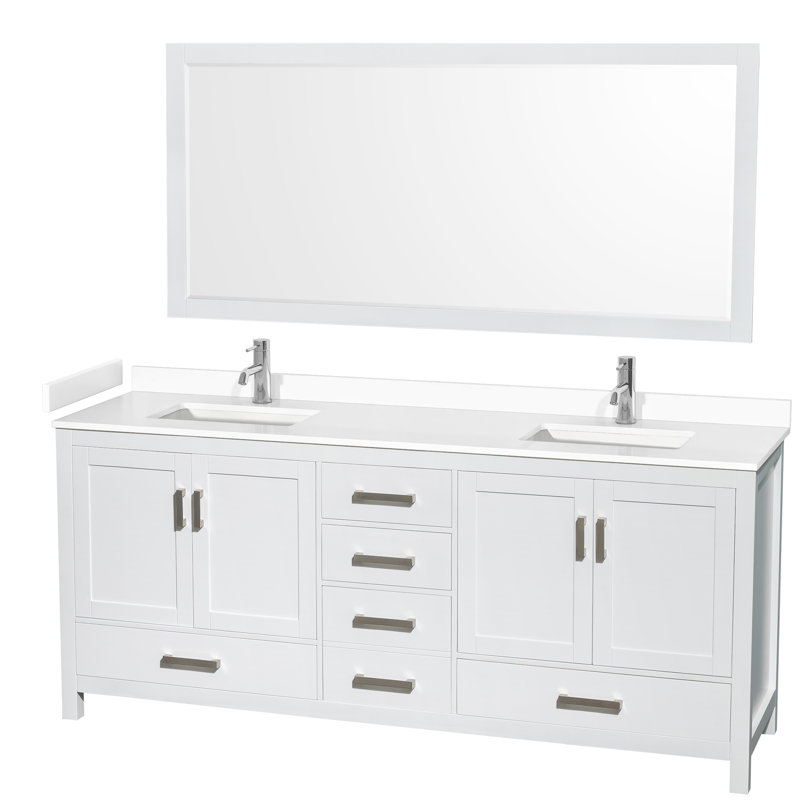Sheffield 72" Double Bathroom Vanity with Mirror, White Cultured Marble, White, 80"
