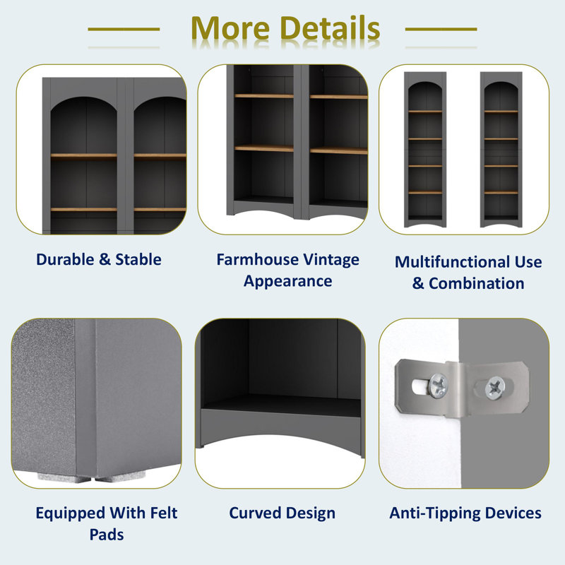Farmhouse 72"Tall 5 Tier Bookshelves With Adjustable Shelves, Bookcases Storage Cabinet Set Of 2, Gray