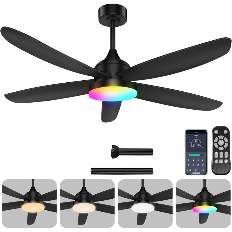 Ventilateur de plafond avec lumière, télécommande et commande APP, ventilateurs de plafond RVB noirs de 42 po avec 6 vitesses réversibles, gradation continue 3000-6500K, petit ventilateur de plafond moderne à profil bas pour chambre / intérieur / ex