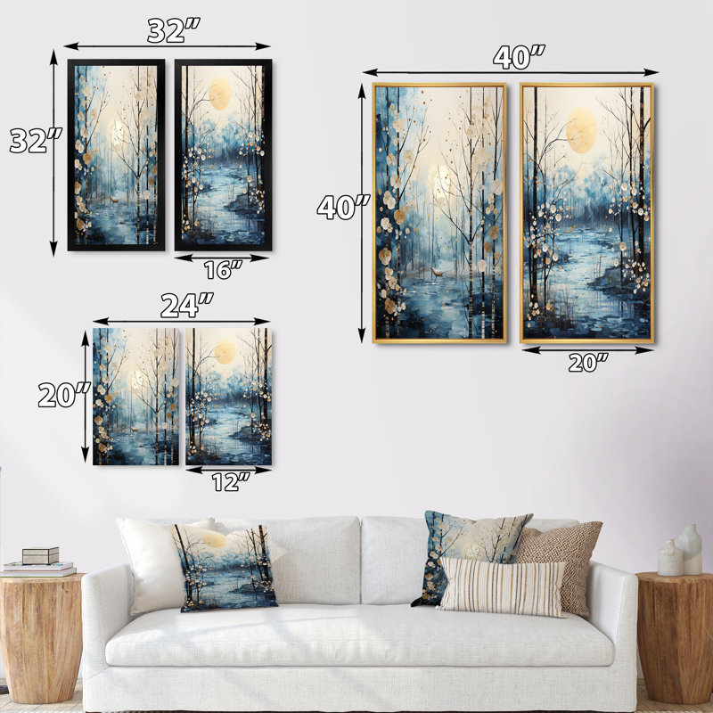 Birch Woods Winter Moonrise - ensemble de 2 reproductions, Encadrement doré, H 32 po x l 32 po