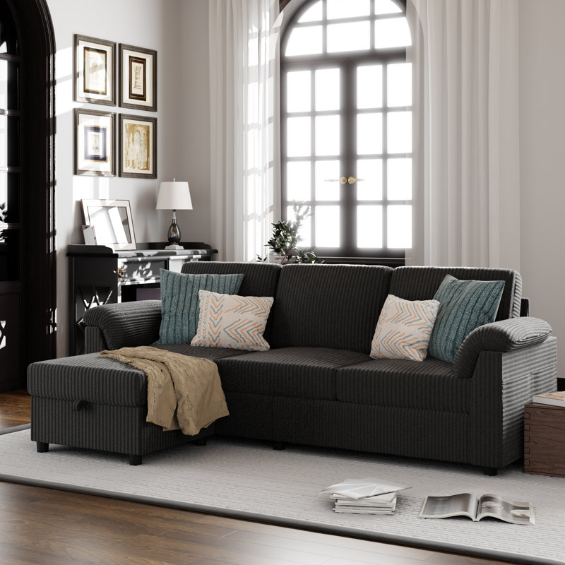79" Upholstered L-Shaped Sofa with Ottoman , Black