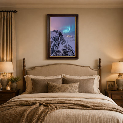 «Aurora Borealis Over Snowy Glaciers And Lit Arctic Station», art mural
