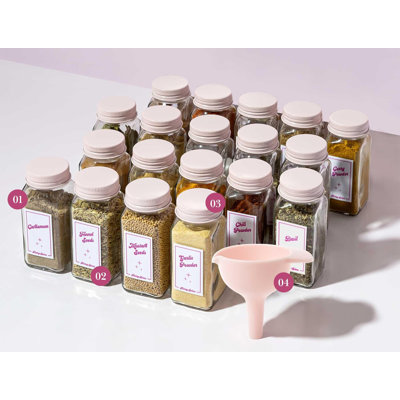 19 Pack 4oz Glass Spice Jars with Pink Metal Lids, Shaker Caps, Labels and Funnel, Food Safe Seasoning Storage Set for Kitchen Pantry