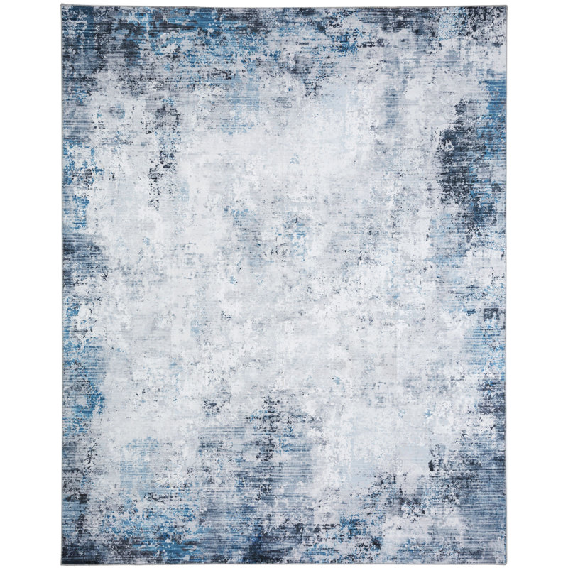 Blue/White Machine Washable Modern Abstract Polyester Area Rug, Rectangle 9' x 12'