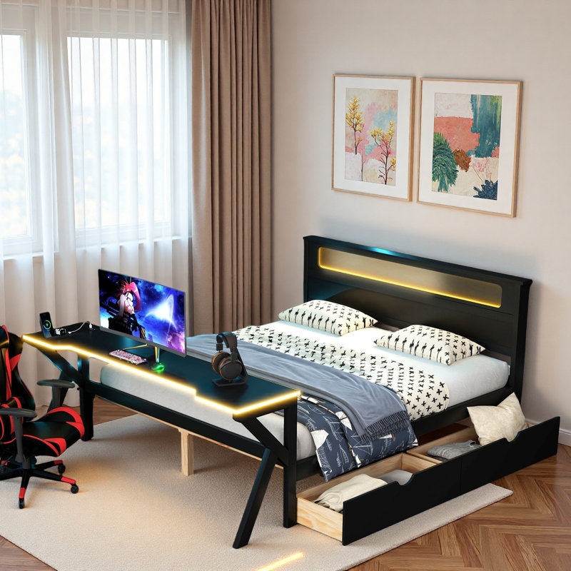 Lit plateforme en bois avec tête de lit, bureau à DEL, station de charge et 2 tiroirs de rangement, Double