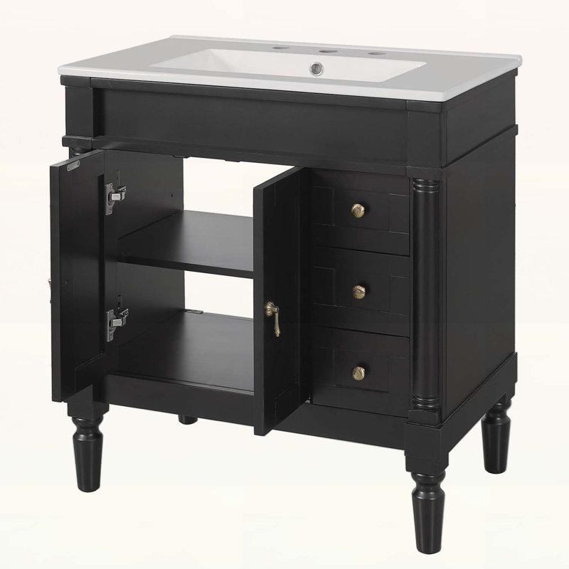 Meuble-lavabo moderne de 30 po, conception à fermeture douce, tablette ajustable en U, lavabo en céramique, Black