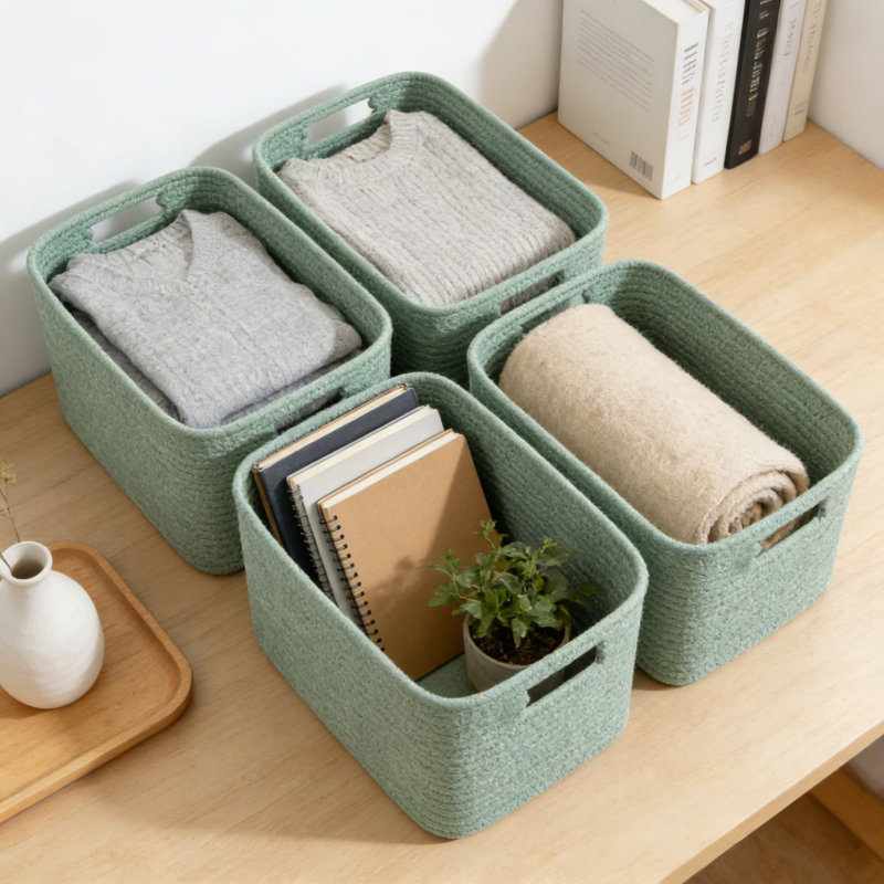 Woven Storage Baskets 4-Pack With Handles, Foldable Fabric Organizer Bins For Shelves, Closet, And Home Organization, Natural Cotton Material
