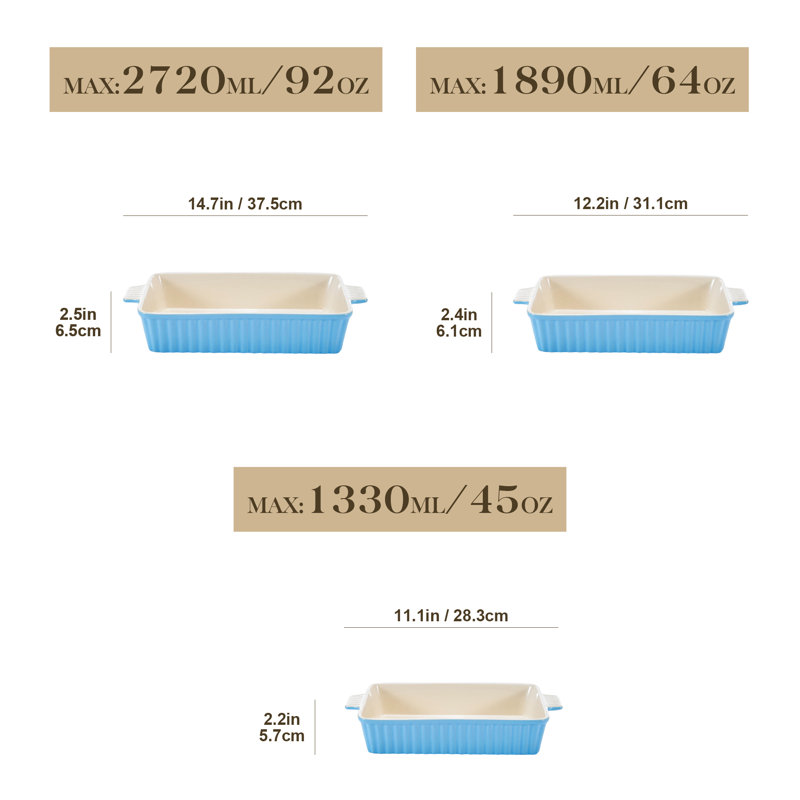 MALACASA Rectangle Porcelain China 3 Piece Au Gratin Dish Bakeware Set, Beige/Blue