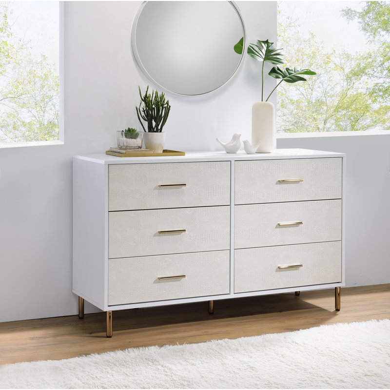 Commode rectangulaire à 6 tiroirs, Blanc / champagne